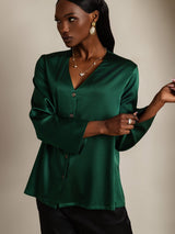 [Dark Green] SilkSilky  Long Sleeve V Neck Women's Blouse 003