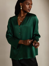 [Dark Green] SilkSilky  Long Sleeve V Neck Women's Blouse 004