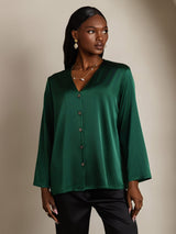 [Dark Green] SilkSilky  Long Sleeve V Neck Women's Blouse 005