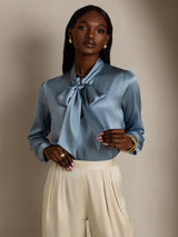 [Grayish Blue] SilkSilky  Long Sleeve Tie Neck Women's Blouse 004