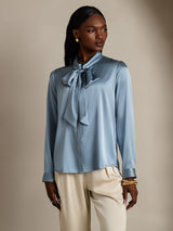 [Grayish Blue] SilkSilky  Long Sleeve Tie Neck Women's Blouse 006