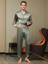 [Grayish Green] Men's grayish green mulberry silk long sleeve lapel pajama set, two-piece 007