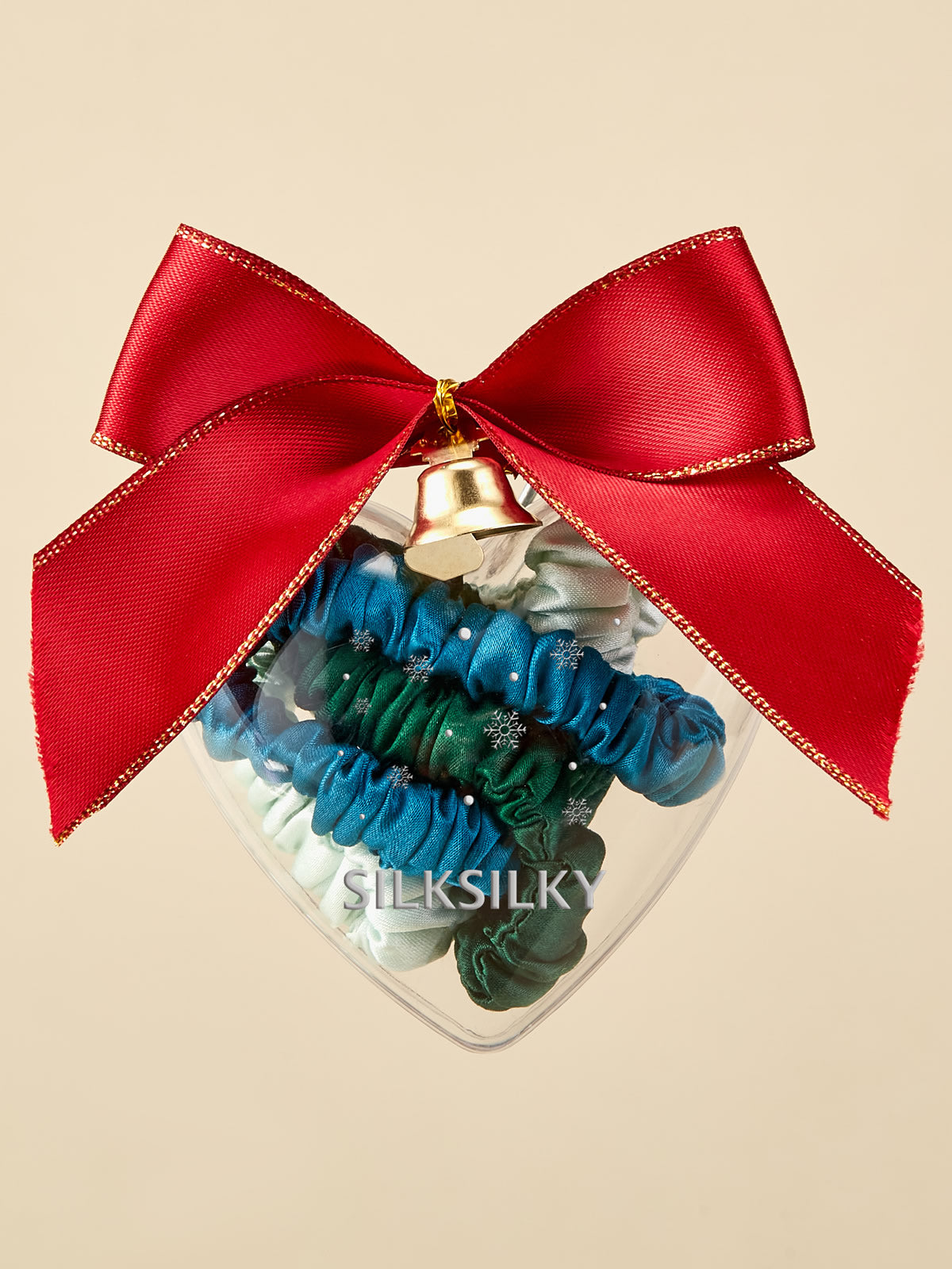 [Group1] SilkSilky holiday ornament gift box with 3 silk scrunchies, red bow, assorted colors 001
