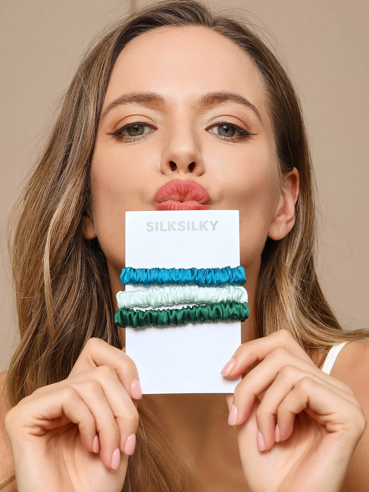[Group1] Three 100% mulberry silk skinny hair scrunchies in blue, white, and green on a SilkSilky card 002
