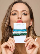 [Group1] Three 100% mulberry silk skinny hair scrunchies in blue, white, and green on a SilkSilky card 002