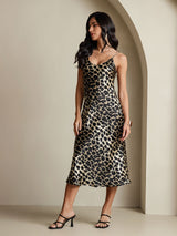 [Leopard] Leopard print mulberry silk spaghetti strap midi dress with V-neck 007