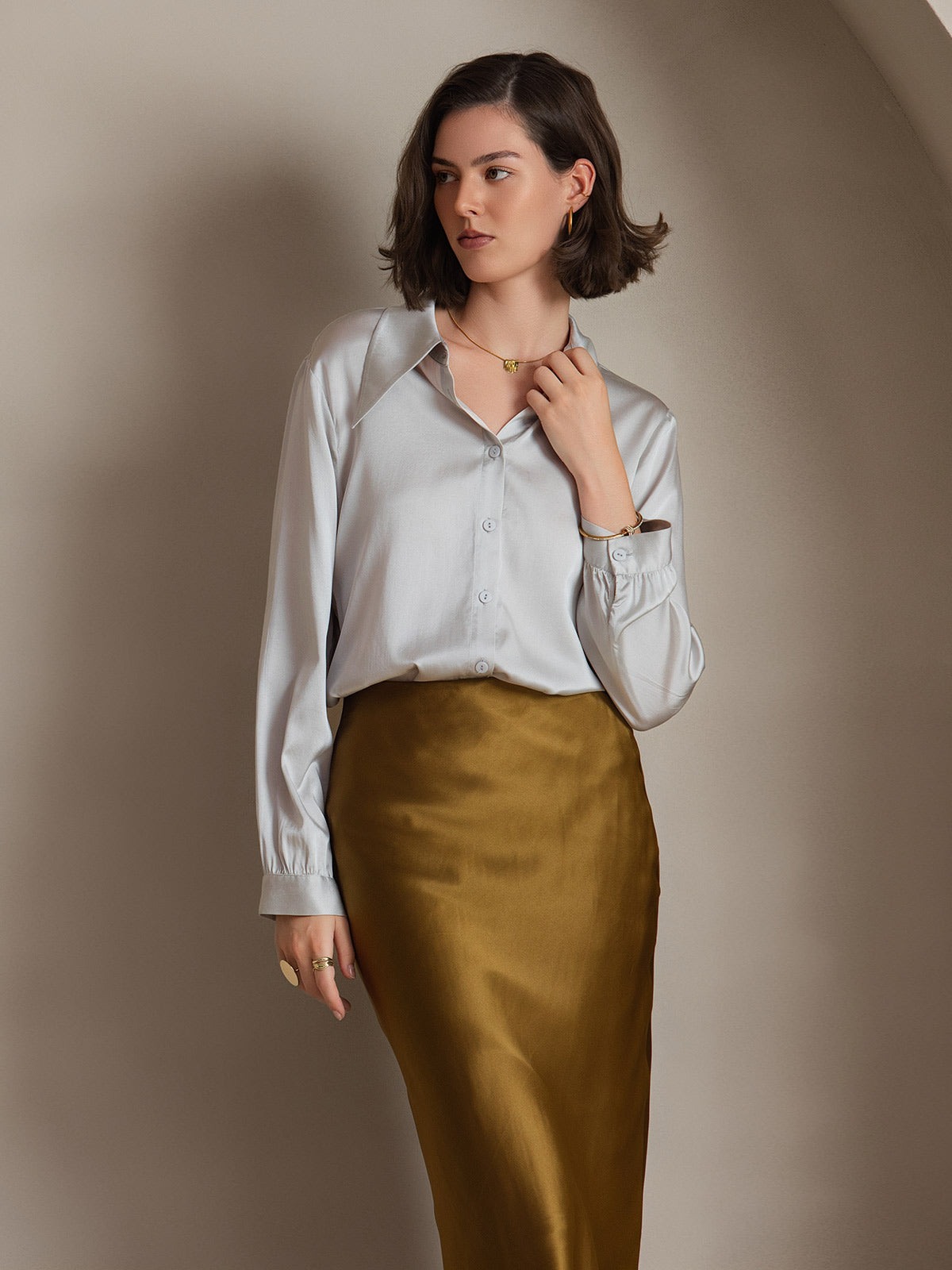 [Light Gray] SilkSilky  Long Sleeve Collar Women's Shirts 001