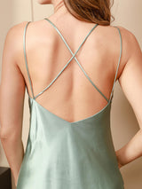 [Mint Green] Shoulder-strap detail of a silk spaghetti-strap nightdress and three-quarter-sleeve robe in mint green 010