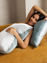 [OliveGreen+Silver] Woman resting on two-tone olive green and silver 19 Momme mulberry silk pillowcase 004
