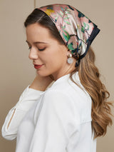 [P044] Woman wearing floral mulberry silk square scarf in pink, green and black 001