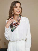 [P044] Mulberry silk floral square scarf worn with white blouse, pink botanical print 002