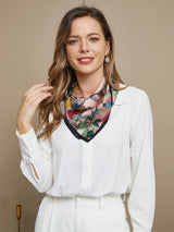 [P044] Woman wearing a floral mulberry silk square scarf with white outfit 004