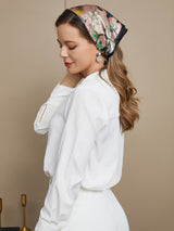 [P044] Woman wearing floral mulberry silk square scarf as a head wrap with black trim 005