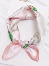[P045] Floral printed 100% mulberry silk square scarf in pink and white 001
