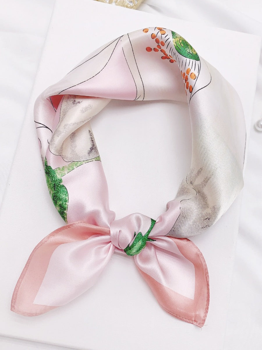 [P045] Floral printed 100% mulberry silk square scarf in pink and white 001