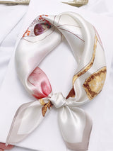 [P046] 100% mulberry silk floral printed square scarf with soft ivory sheen and abstract flower motifs 001