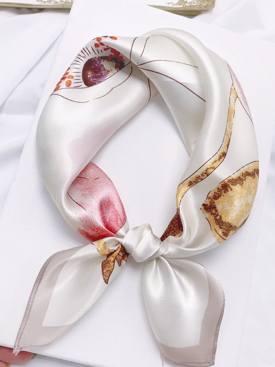 [P046] 100% mulberry silk floral printed square scarf with soft ivory sheen and abstract flower motifs 001