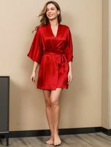[Red] Bright red slim-strap nightdress with tied 3/4-sleeve robe, full front view, both arms hanging down. 003