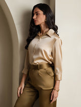 [Champagne] SilkSilky  3/4 Sleeve Lapel Collar Women's Shirts 006