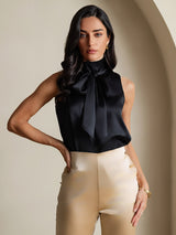 [Black] SilkSilky  Sleeveless Tie Neck Women's Blouse 004