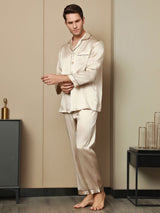 [Tan] Champagne beige men's long-sleeve notch-collar pajama set, full front view, model standing with hands loosely clasped. 002