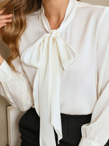 [White] White silk bow tie blouse with long sleeves 006