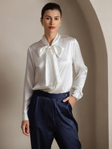 [White] SilkSilky  Long Sleeve Tie Neck Women's Blouse 003