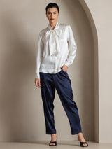 [White] SilkSilky  Long Sleeve Tie Neck Women's Blouse 004