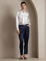 [White] SilkSilky  Long Sleeve Tie Neck Women's Blouse 005