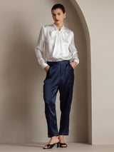 [White] SilkSilky  Long Sleeve Tie Neck Women's Blouse 007