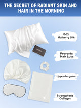 [White] White 22 momme mulberry silk pillowcase set with sleep cap, scrunchie and eye mask 002