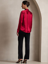 [Wine] SilkSilky  Long Sleeve Tie Neck Women's Blouse 002