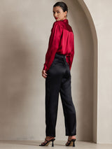 [Wine] SilkSilky  Long Sleeve Tie Neck Women's Blouse 004