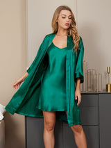 [Green] Emerald green Mulberry silk kimono robe and V-neck nightgown set on model 005