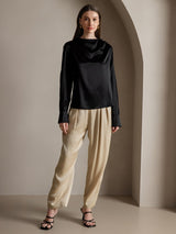 [Black] SilkSilky  Long Sleeve Boat Neck Women's Blouse 008