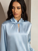 [Grayish Blue] SilkSilky  Long Sleeve Keyhole Neck Women's Blouse 003