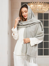[Light Gray] light gray rectangular shawl with fringed edges, styled front view, fringed ends down the front. 002