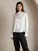 [White] SilkSilky  Long Sleeve Boat Neck Women's Blouse 001