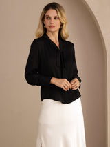 [Black] SilkSilky Long Sleeve Tie Neck Women's Blouse 003