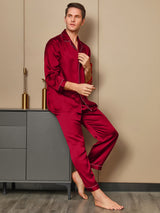 [Red] Men's red mulberry silk pajamas set with long sleeves and notch collar 004