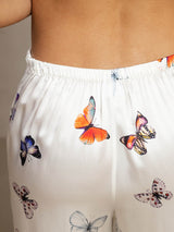 [White Butterfly] Close-up of white mulberry silk wide-leg pants with elastic waist and butterfly print 005