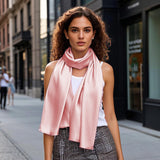 [Pale Mauve] Pink silk rectangle scarf shawl worn with white tank and checked trousers 004