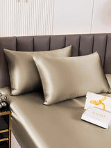 [Khaki] Champagne silk pillowcases on bed with SilkSilky gift box 003