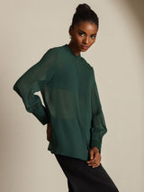 Dark green sheer long sleeve silk blouse with button cuffs and stand collar