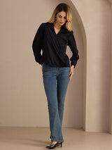 [Black] SilkSilky  Long Sleeve Wrap Women's Blouse 006