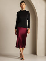 [Black] Model wearing black pure silk long sleeve mock neck top with burgundy midi skirt 005