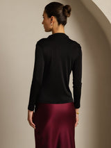 [Black] Back view of women's black pure silk long sleeve mock neck top 002