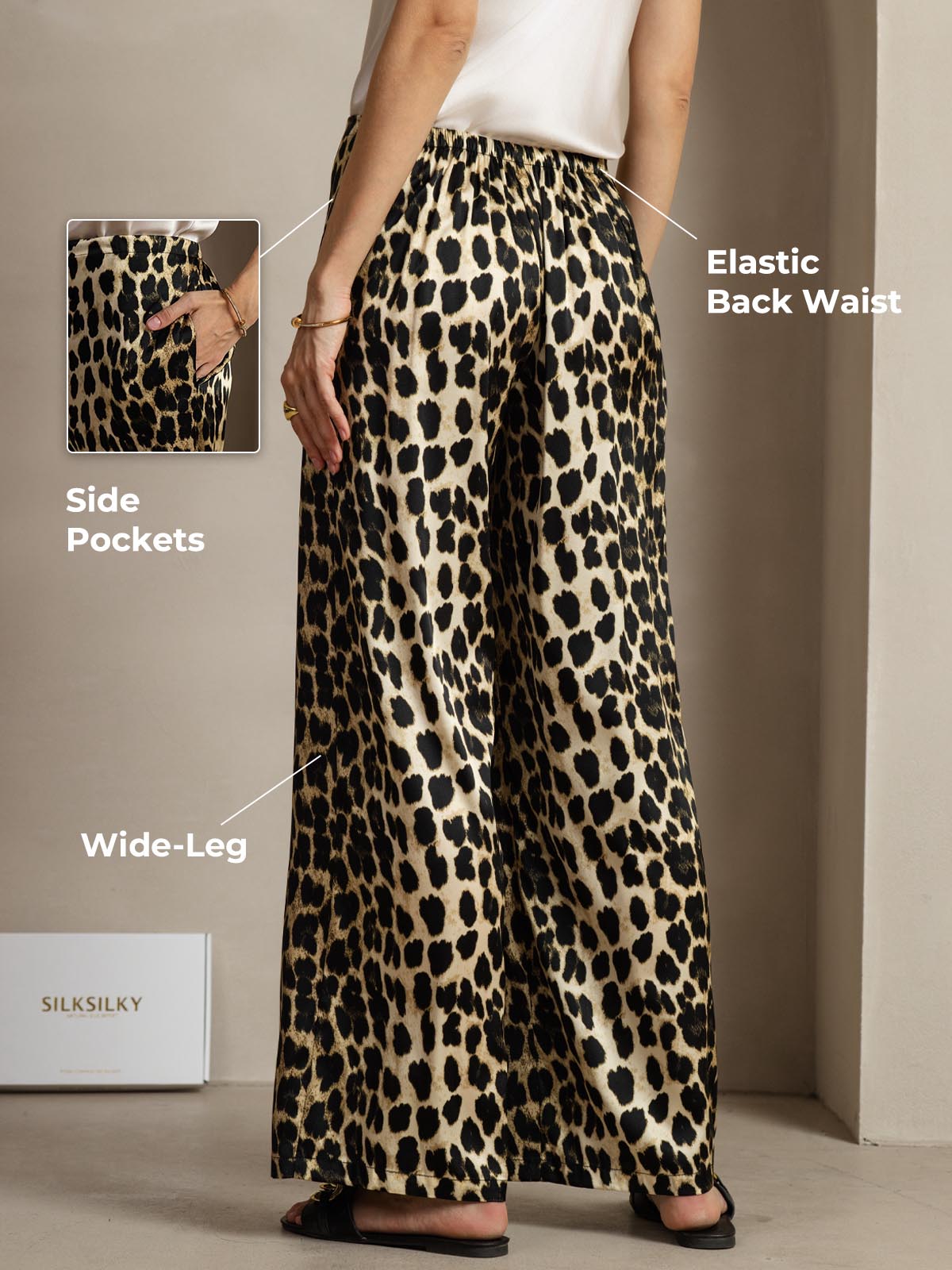 [Leopard] Leopard print silk wide-leg pants with elastic back waist and side pockets 001