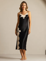 [Black] SilkSilky  Spaghetti Strap V Neck Nightgown 001