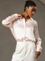 [Pink] Model wearing pale pink silk long sleeve lapel collar blouse with concealed button placket 005